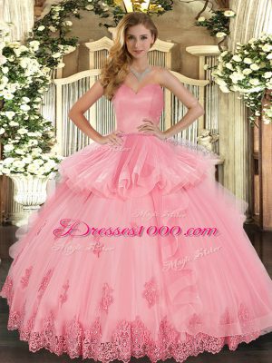 Watermelon Red Sweetheart Neckline Beading and Appliques and Ruffles Quinceanera Gowns Sleeveless Lace Up