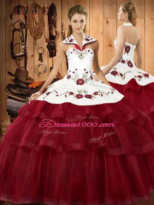 Wine Red Satin and Organza Lace Up Halter Top Sleeveless With Train Quinceanera Gowns Sweep Train Embroidery and Ruffled Layers