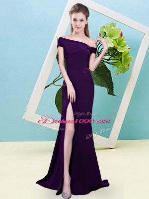 Floor Length Dark Purple Wedding Guest Dresses Off The Shoulder Sleeveless Zipper