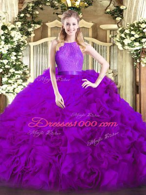 Lace Quinceanera Gown Eggplant Purple Zipper Sleeveless Floor Length