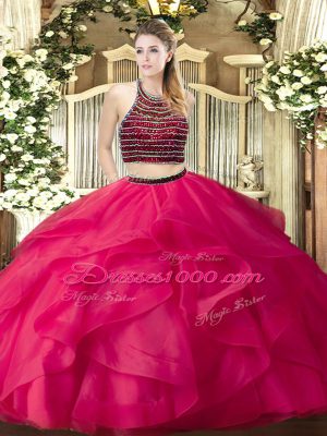 Hot Pink Sleeveless Floor Length Beading and Ruffles Zipper 15 Quinceanera Dress