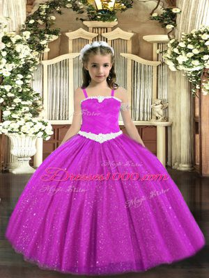 Straps Sleeveless Womens Party Dresses Floor Length Appliques Fuchsia Tulle