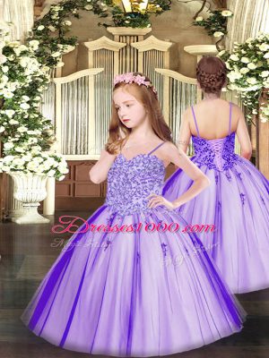 Excellent Spaghetti Straps Sleeveless Tulle Pageant Gowns For Girls Appliques Lace Up