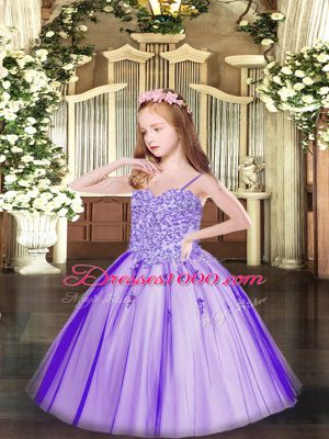 Excellent Spaghetti Straps Sleeveless Tulle Pageant Gowns For Girls Appliques Lace Up