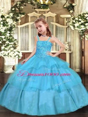 Floor Length Aqua Blue Little Girls Pageant Dress Wholesale Straps Sleeveless Lace Up