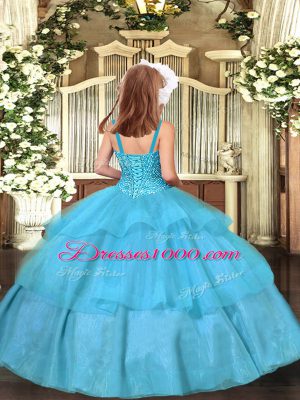 Floor Length Aqua Blue Little Girls Pageant Dress Wholesale Straps Sleeveless Lace Up