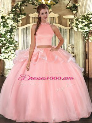 Simple Pink Organza Backless Halter Top Sleeveless Floor Length Ball Gown Prom Dress Beading