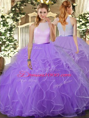 Tulle High-neck Sleeveless Backless Beading and Ruffles Quince Ball Gowns in Lavender
