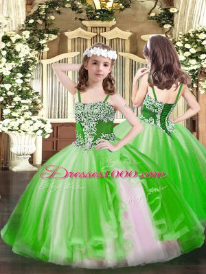 Beauteous Green Tulle Lace Up Pageant Dresses Sleeveless Floor Length Appliques