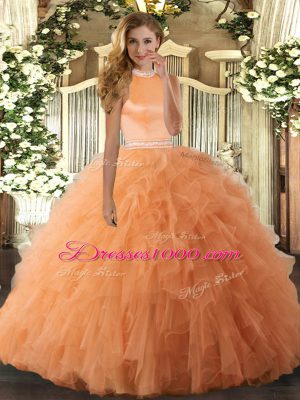 Orange Ball Gown Prom Dress Military Ball and Sweet 16 and Quinceanera with Beading and Ruffles Halter Top Sleeveless Backless
