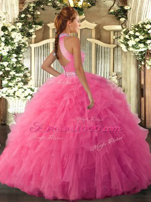 Orange Ball Gown Prom Dress Military Ball and Sweet 16 and Quinceanera with Beading and Ruffles Halter Top Sleeveless Backless