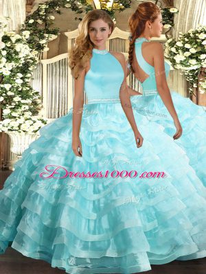 Trendy Aqua Blue Backless Halter Top Beading and Ruffled Layers 15th Birthday Dress Organza Sleeveless
