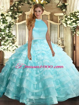 Trendy Aqua Blue Backless Halter Top Beading and Ruffled Layers 15th Birthday Dress Organza Sleeveless