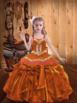 Orange Kids Formal Wear Party and Sweet 16 and Quinceanera and Wedding Party with Embroidery and Ruffles Straps Sleeveless Lace Up