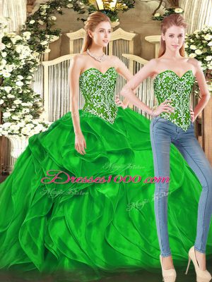 Top Selling Sweetheart Sleeveless 15 Quinceanera Dress Floor Length Beading and Ruffles Green Tulle