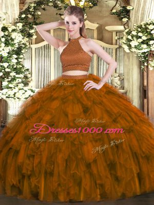 Ball Gowns Quince Ball Gowns Brown Halter Top Organza Sleeveless Floor Length Backless
