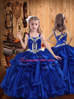 Royal Blue Sleeveless Embroidery and Ruffles Floor Length Teens Party Dress