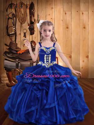 Royal Blue Sleeveless Embroidery and Ruffles Floor Length Teens Party Dress