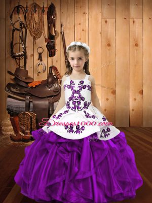Pretty Sleeveless Embroidery and Ruffles Lace Up Child Pageant Dress with Eggplant Purple