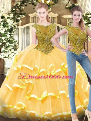 Dynamic Floor Length Gold 15 Quinceanera Dress Tulle Sleeveless Beading and Ruffled Layers