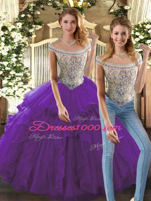 Excellent Purple Organza Lace Up Bateau Sleeveless Floor Length 15th Birthday Dress Beading and Ruffles