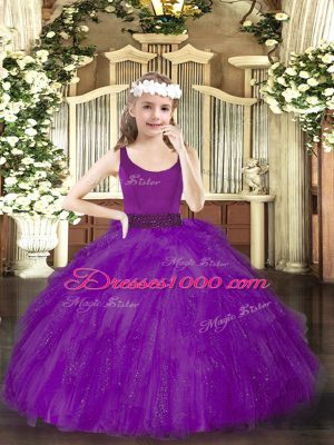 Classical Ball Gowns Kids Pageant Dress Purple Scoop Tulle Sleeveless Floor Length Zipper