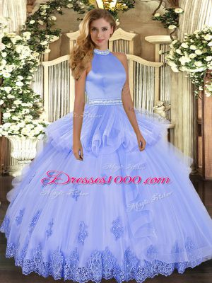 Tulle Halter Top Sleeveless Backless Beading and Appliques Quinceanera Dresses in Lavender