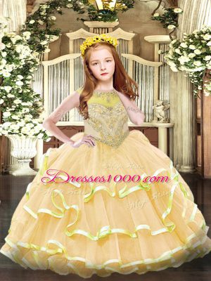 New Arrival Organza Scoop Sleeveless Zipper Beading and Ruffled Layers Little Girls Pageant Gowns in Gold