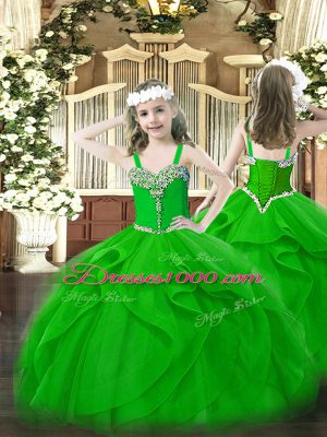 Straps Sleeveless Girls Pageant Dresses Floor Length Beading and Ruffles Green Organza