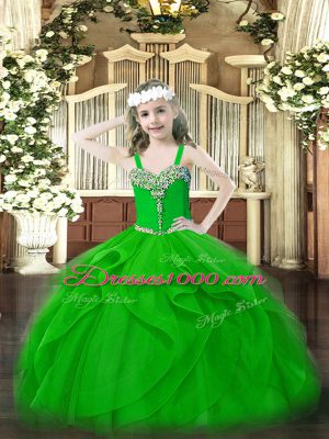 Straps Sleeveless Girls Pageant Dresses Floor Length Beading and Ruffles Green Organza