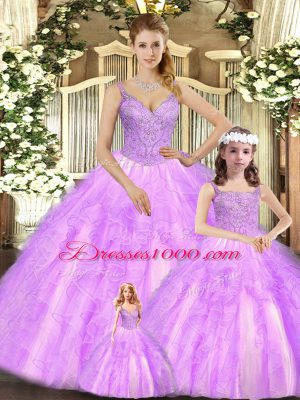 Customized Straps Sleeveless Organza Quinceanera Gowns Beading and Ruffles Lace Up