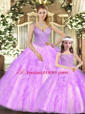 Customized Straps Sleeveless Organza Quinceanera Gowns Beading and Ruffles Lace Up