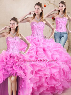 Cheap Sweetheart Sleeveless Lace Up 15 Quinceanera Dress Rose Pink Organza