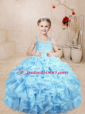 Enchanting Ball Gowns Juniors Party Dress Baby Blue Straps Organza Sleeveless Floor Length Lace Up