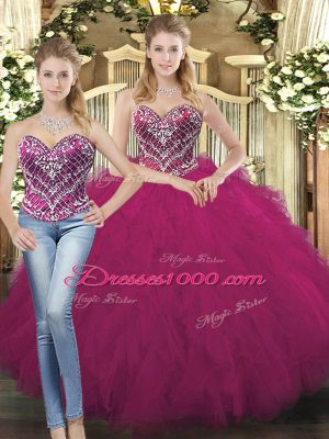 Fuchsia Two Pieces Beading and Ruffles Sweet 16 Dress Lace Up Organza Sleeveless Floor Length