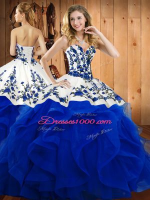 Vintage Sleeveless Satin and Organza Floor Length Lace Up Quinceanera Gown in Blue with Embroidery and Ruffles