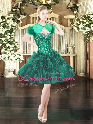 Sweetheart Sleeveless Prom Evening Gown Mini Length Beading and Ruffles Dark Green Organza