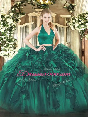 Extravagant Dark Green Halter Top Zipper Ruffles Quinceanera Dresses Sleeveless