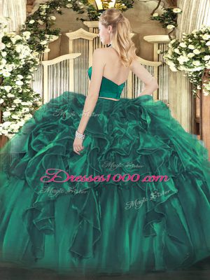 Extravagant Dark Green Halter Top Zipper Ruffles Quinceanera Dresses Sleeveless