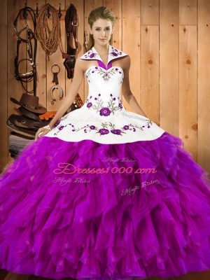 Best Fuchsia Lace Up Halter Top Embroidery and Ruffles 15 Quinceanera Dress Satin and Organza Sleeveless