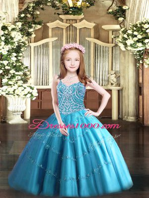Hot Sale Sleeveless Tulle Floor Length Lace Up Girls Pageant Dresses in Baby Blue with Beading
