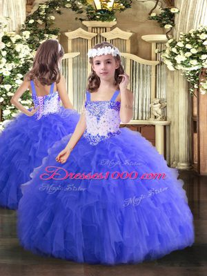 Blue Ball Gowns Straps Sleeveless Tulle Floor Length Lace Up Beading and Ruffles Party Dress