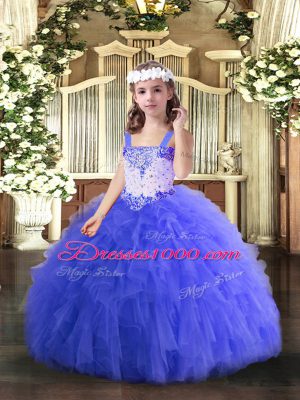 Blue Ball Gowns Straps Sleeveless Tulle Floor Length Lace Up Beading and Ruffles Party Dress