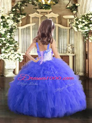 Blue Ball Gowns Straps Sleeveless Tulle Floor Length Lace Up Beading and Ruffles Party Dress