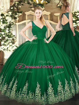 Dark Green Tulle Backless 15th Birthday Dress Sleeveless Floor Length Beading and Lace and Appliques