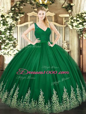 Dark Green Tulle Backless 15th Birthday Dress Sleeveless Floor Length Beading and Lace and Appliques