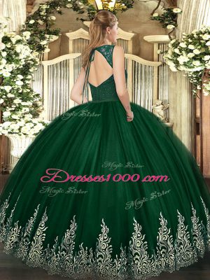 Dark Green Tulle Backless 15th Birthday Dress Sleeveless Floor Length Beading and Lace and Appliques