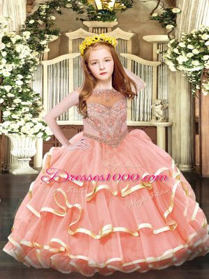 Sleeveless Organza Floor Length Zipper Little Girl Pageant Gowns in Watermelon Red with Beading and Ruffled Layers