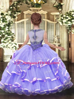 Sleeveless Organza Floor Length Zipper Little Girl Pageant Gowns in Watermelon Red with Beading and Ruffled Layers
