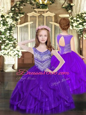 New Arrival Purple Sleeveless Floor Length Beading and Ruffles Lace Up Teens Party Dress